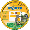 Hozelock Starter 15m garden hose with hose connectors, designed for general garden watering and supplied with a 10-year guarantee.