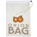 KitchenCraft Onion Storage Bag in natural cotton with drawstring closure and printed onion design, ideal for keeping onions neatly stored.