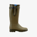 Side view of a Le Chameau men's Vierzonord green wellington boot with blue neoprene lining, adjustable gusset and treaded sole.
