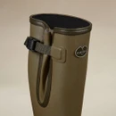 Close-up of a Le Chameau men's green wellington boot highlighting the adjustable waterproof gusset, strap and branded badge.