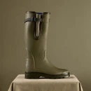 Side profile of a Le Chameau men's Vierzonord green wellington boot with adjustable gusset and rugged treaded sole.