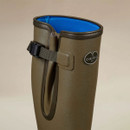 Close-up of a Le Chameau men's Vierzonord green wellington boot showing the blue neoprene lining and adjustable calf gusset.
