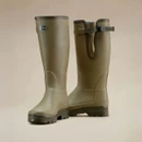 Pair of Le Chameau men's Vierzonord green wellington boots showing the adjustable waterproof gusset and calf strap.
