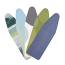 Assorted ironing board cover designs in blue, green and grey patterns displayed in a fan arrangement.