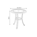 A technical line drawing of a round outdoor bistro table with curved legs and a central parasol hole, labelled with diameter and height dimensions in centimetres.