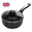 Pendeford Diamond Collection non-stick saucepan with glass lid and long handle, proudly made in the UK.