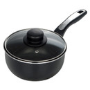 Pendeford Diamond Collection non-stick saucepan with black glass lid, long handle and deep cooking design.