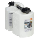 White twin-compartment plastic fuel canister with integrated carry handle, filling spouts and secure screw caps.