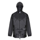 A sleek black rain jacket with a hood and full zip front. Lightweight fabric and adjustable toggles at the waist suggest functionality and modern style.