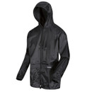 Black waterproof jacket with a hood, long sleeves, and a front zipper. The fabric appears shiny, suggesting a sleek, modern design.