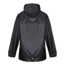 Black rain jacket with a hood, shown from the back. It features long sleeves with elastic cuffs and a sleek, shiny finish for a modern look.