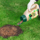 Gloved hand pouring Miracle-Gro Patch Magic onto a bare patch in a green lawn. The product is packaged in a beige container with a green cap.
