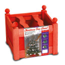 Red wooden Christmas tree stand with integrated water reservoir for real Christmas trees, shown in retail packaging.