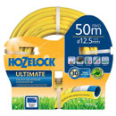 Hozelock Ultimate 50m garden hose in retail packaging, featuring a 12.5mm diameter and 30-year guarantee.