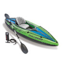 Intex Challenger K1 inflatable kayak with paddle and hand pump on white background