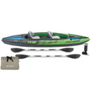 Intex Challenger K2 inflatable kayak set with paddles, pump and carry bag on white background