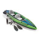 Intex Challenger K2 inflatable kayak with paddles and pump on white background