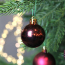 Glossy burgundy Christmas bauble hanging from a Christmas tree branch, reflecting festive lights and surroundings.