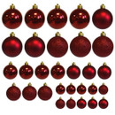 Set of burgundy Christmas baubles in assorted sizes and finishes, including shiny, matte and glitter ornaments for festive tree decorating.