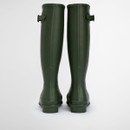 Rear view of green Barbour knee-high wellington boots showing heel shape and rubber construction.