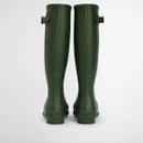 Rear view of green Barbour knee-high wellington boots showing heel shape and rubber construction.