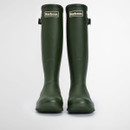 Pair of green Barbour knee-high rubber wellington boots viewed from the front, featuring branded logo panels.