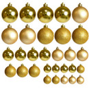 Set of gold Christmas baubles in assorted sizes and finishes, including shiny, matte and glitter ornaments for Christmas tree decorating.