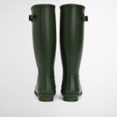 Rear view of green Barbour tall wellington boots showing straight leg design and reinforced heel.