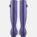 Back view of tall, glossy purple rain boots with side buckles on a plain white background. They convey a sense of practicality and style.