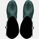 Top view of a pair of dark green rubber boots with ankle-high design, positioned side by side against a light gray background, conveying functionality.