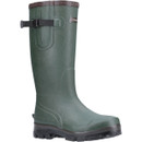 Green rubber boot with a brown trim and black adjustable strap, featuring a sturdy black sole. Designed for rugged, outdoor use.
