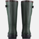 Rear view of tall green boots with brown trim, featuring a buckle on the side and sturdy black soles, exuding a practical and durable vibe.