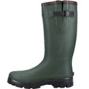 Green rubber boot with black sole and buckle strap near the top. Sturdy design, suitable for outdoor activities, conveying a practical, rugged feel.