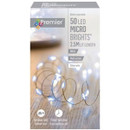 Packaging of Premier 50 LED Micro Brights fairy lights, featuring a 2.5m length and silver wire design, ideal for decorative use.