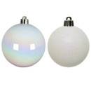 White Christmas baubles in glossy pearl and textured finishes, ideal for creating a classic winter-themed Christmas tree display.