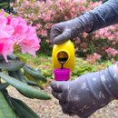 A person wearing grey gardening gloves pours liquid fertiliser from a yellow bottle into a pink cap. Pink flowers are in the background, suggesting a garden setting.