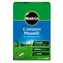 Green and blue box of Miracle-Gro EverGreen Mosskill, featuring lawn care information. Promises thicker, greener lawn and moss control for 80m².