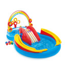 Rainbow inflatable water play centre with water slide, splash pool, arch sprayer and ball games on a white background
