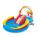 Inflatable rainbow water play centre showing slide, splash pool, ring toss targets and colourful ball accessories