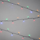 Multicolour LED string lights with green cable displayed in parallel strands against a light grey background, ideal for Christmas trees, festive decorations and indoor or outdoor use.
