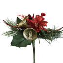 Close-up of a festive Christmas pick featuring sparkling red poinsettia, glitter gold bells, evergreen pine foliage, holly leaves and red berries.