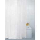 White shower curtain with a simple plain design, shown hanging beside a bath for a clean and understated bathroom finish.