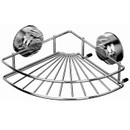 Chrome corner shower basket with wire shelf and two suction cup mounts for bathroom storage.