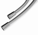 Flexible chrome shower hose with metal connectors at both ends and a coiled design for bathroom shower fittings.