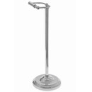 Chrome freestanding toilet roll holder with decorative round base and horizontal roll holder for convenient bathroom storage.
