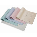 Assorted pastel-coloured rubber mats in blue, grey, pink and cream, featuring textured surfaces and drainage holes for added grip.