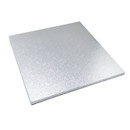 Square silver cake board with a smooth foil-covered finish, designed for supporting and presenting cakes, bakes and desserts.