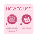 Animology Puppy Love Shampoo usage guide showing how to apply to a wet coat, massage thoroughly, rinse and repeat if necessary.