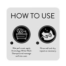 Animology White Wash Shampoo usage guide showing how to apply to a wet coat, massage thoroughly, rinse and repeat if necessary.