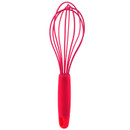 Zeal red silicone balloon whisk with flexible wire loops and ergonomic handle for whisking, mixing and beating ingredients.